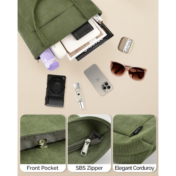 Women Green Corduroy Polyester Lining Shoulder Bag with Zipper And Pockets - Picture 3 of 13